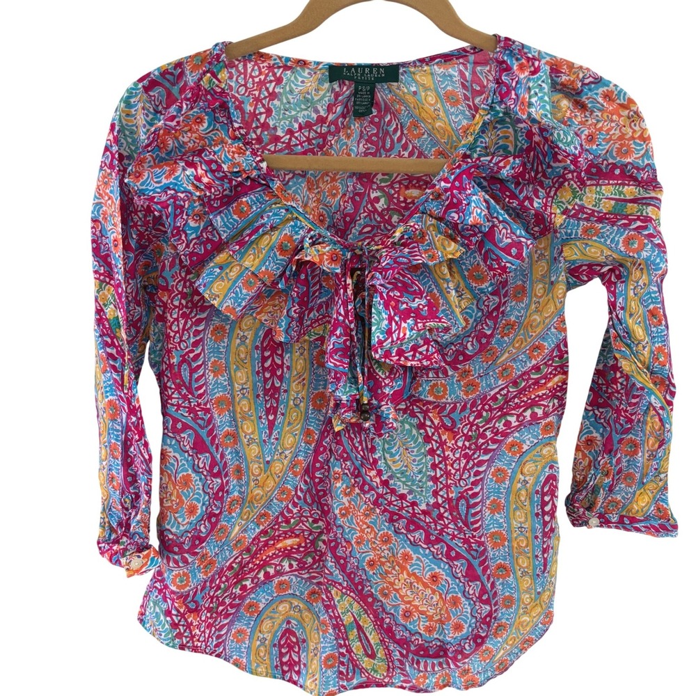 Lauren Ralph Lauren Preppy Boho Colorful Paisley Ruffle V-Neck Cotton Blouse PS